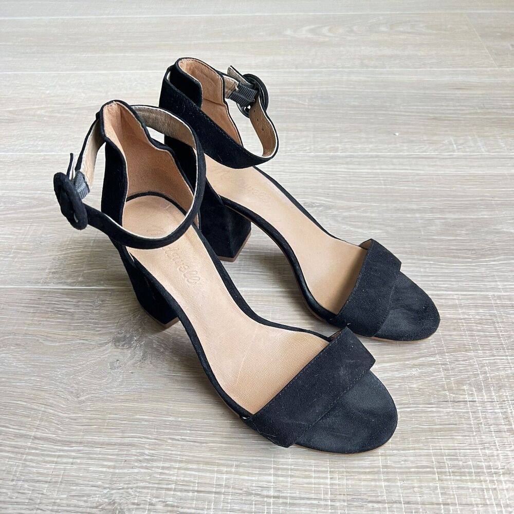Madewell Regina Claudia Black Suede Heels Sz 6.5 Open Toe Sandals Retail $138